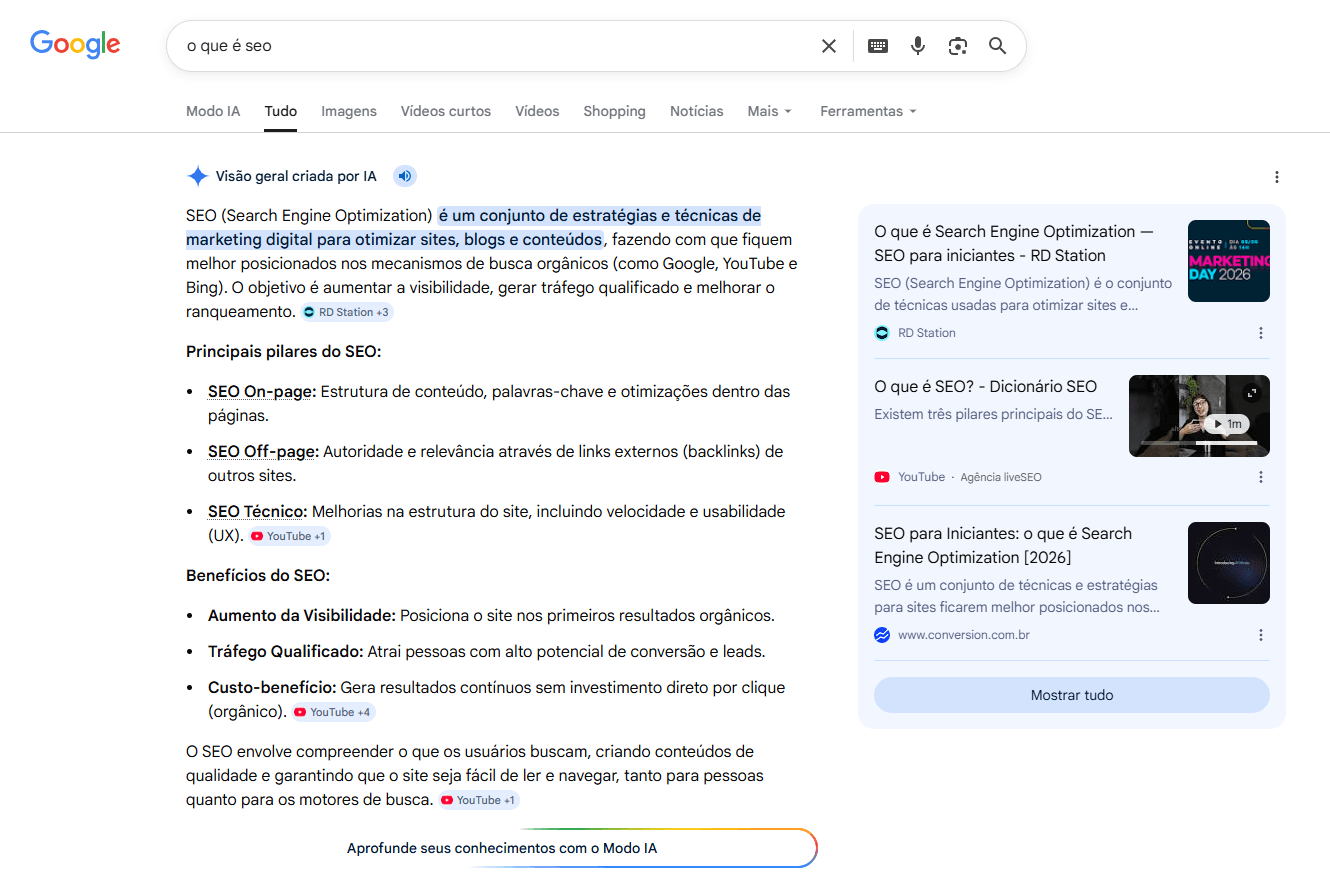 O que é Consultoria de SEO? Guia Definitivo 2026 2 Exemplo de AI Overview do Google respondendo uma pergunta sobre SEO em 2026